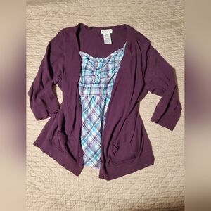 Purple Cardigan with Plaid Shirt